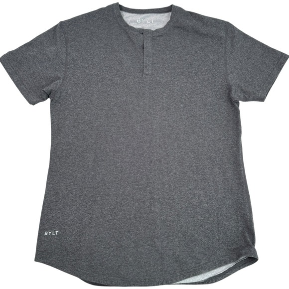 Bylt Shirt Mens Medium Gray Henley Drop Cut Lux Short Sleeve Stretch Tee Dark - Picture 1 of 7